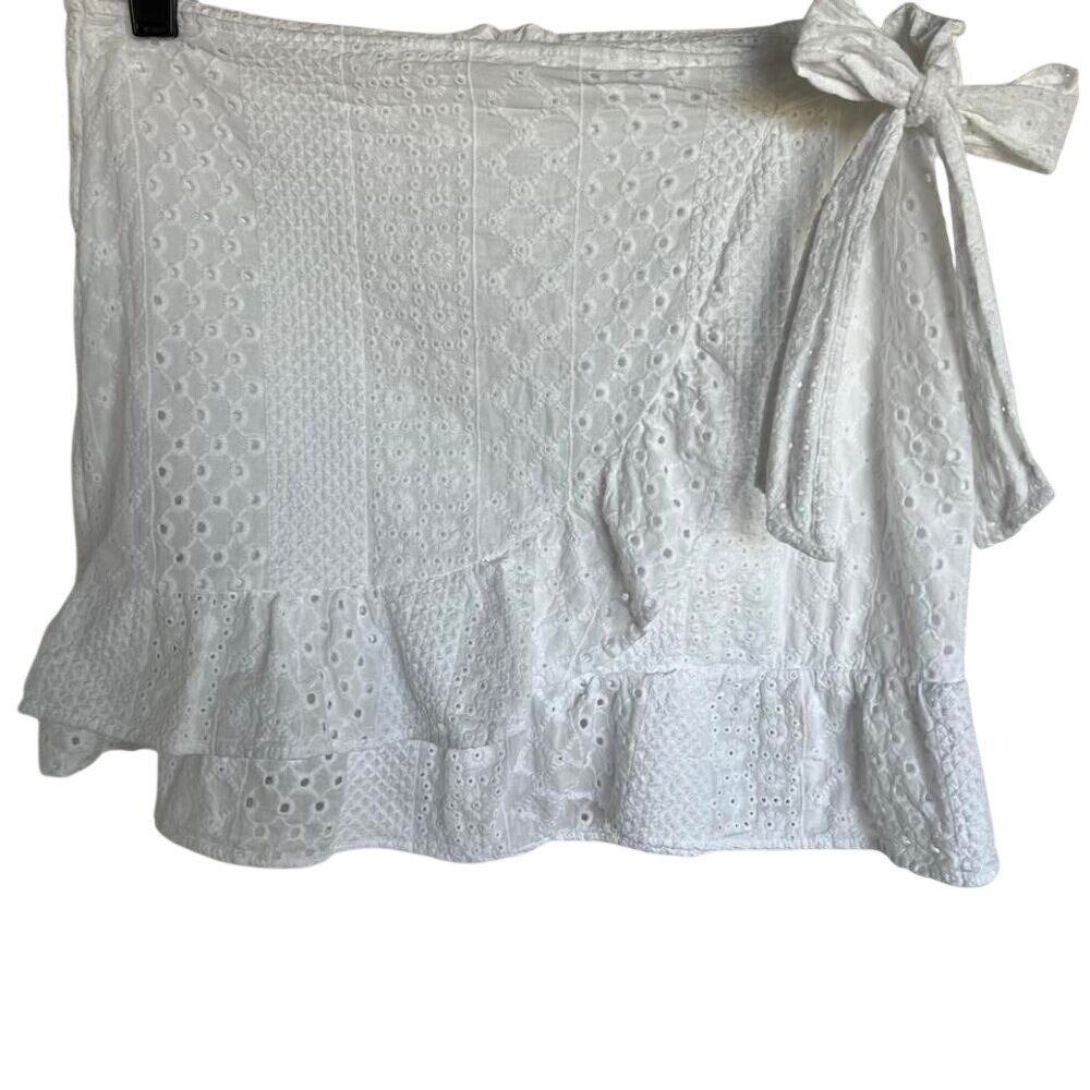 Kirious Los Angeles White Eyelet Cotton Wrap Mini Skirt Side Tie Ruffle Medium